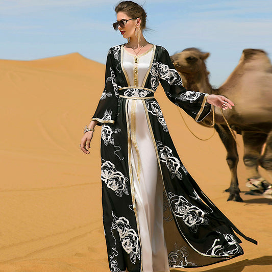 Arabian Black And White Flower Embroidered Two-piece Women's Long Dress With Belt And Robe