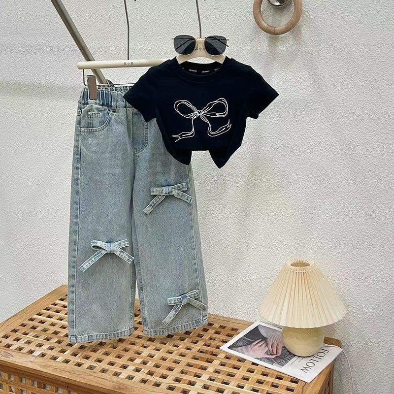 Girls Jeans Summer Suit New Medium And Large Kidsren's Thai Short-Sleeved T-Shirt Summer Fashionable Two-Piece Set