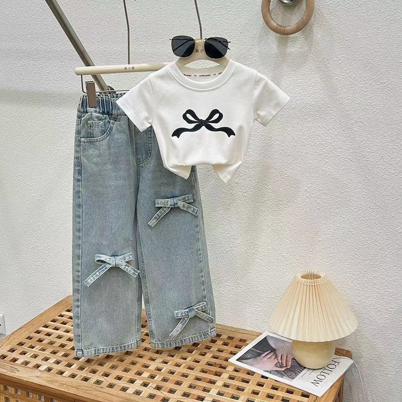Girls Jeans Summer Suit New Medium And Large Kidsren's Thai Short-Sleeved T-Shirt Summer Fashionable Two-Piece Set
