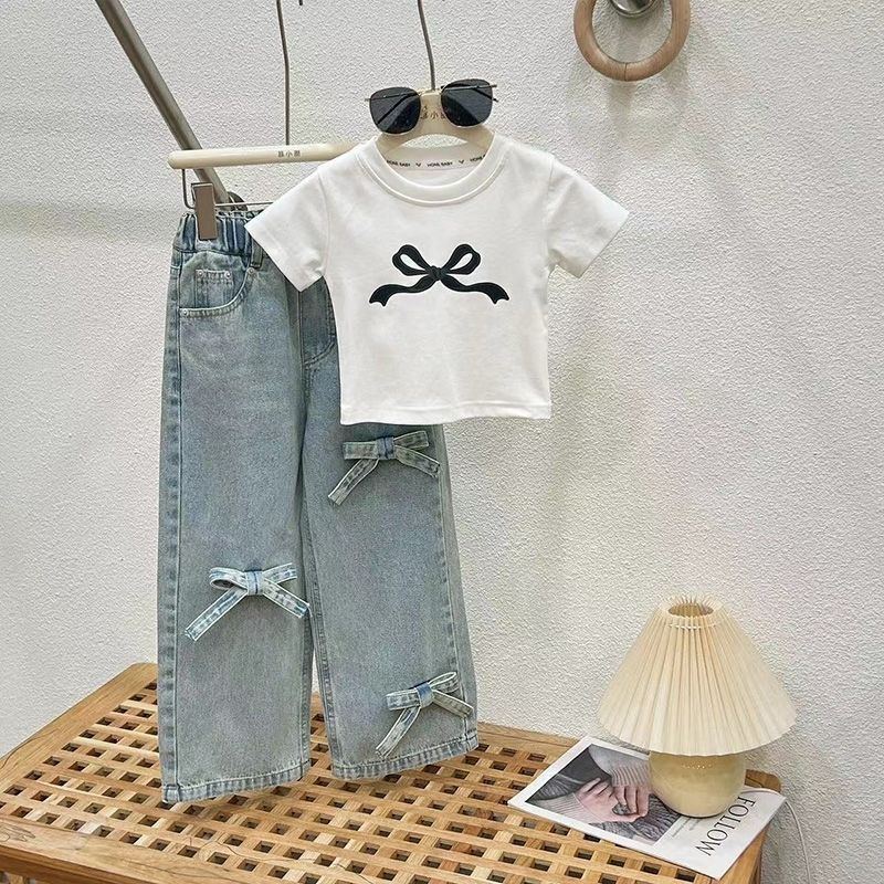 Girls Jeans Summer Suit New Medium And Large Kidsren's Thai Short-Sleeved T-Shirt Summer Fashionable Two-Piece Set