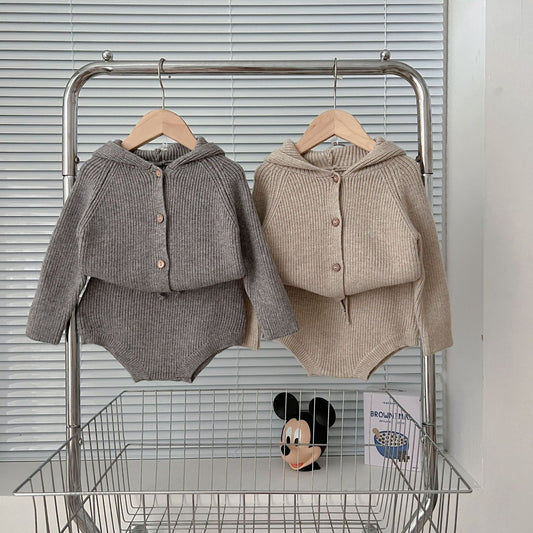 Autumn And Winter Korean Style Men's And Women's Baby Casual Hooded Suit Infant Knitted Suit European And American Baby Suit